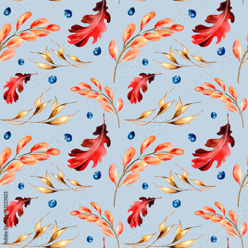 Bright autumn red leaves and spikelet watercolor seamless pattern on blue.
