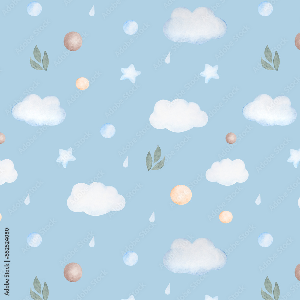 Watercolor seamless pattern with clouds, balls, leaves, drops and stars in blue colors on blue background Watercolor seamless pattern with clouds, balls, leaves, drops and stars in blue colors on blue background