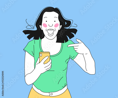 Smiling shocked happy win beautiful young woman. People lifestyle concept. Look surprised wow hold using mobile cell phone. vector illustration. (ID: 552524044)