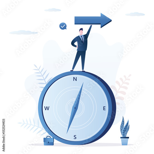 How to choose right direction for business. Boss or business leader standing on giant compass and pointing with big arrow. Navigation, finding route, right way of business development.