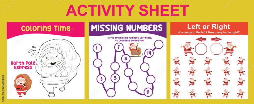 3 in 1 Activity Sheet for children. Educational printable worksheet for preschool. Coloring, missing numbers, and left or right activity. Vector illustrations.