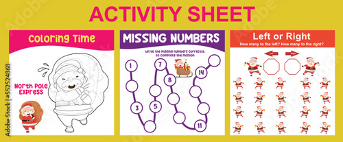 3 in 1 Activity Sheet for children. Educational printable worksheet for preschool. Coloring  missing numbers  and left or right activity. Vector illustrations.