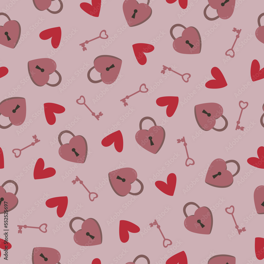 Seamless pattern with heart shaped lock and key. Valentines day concept. Background for greeting card, invitation, print, poster, banner.
