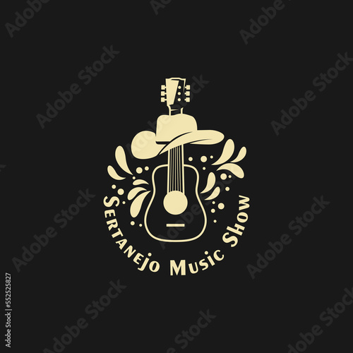 Country music sign. Cowboy hat with guitar live music on black background, sertanejo country music, brazil country music photo