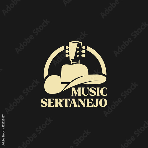 Country music sign. Cowboy hat with guitar live music on black background, sertanejo  music logo, brazil country music logo template photo