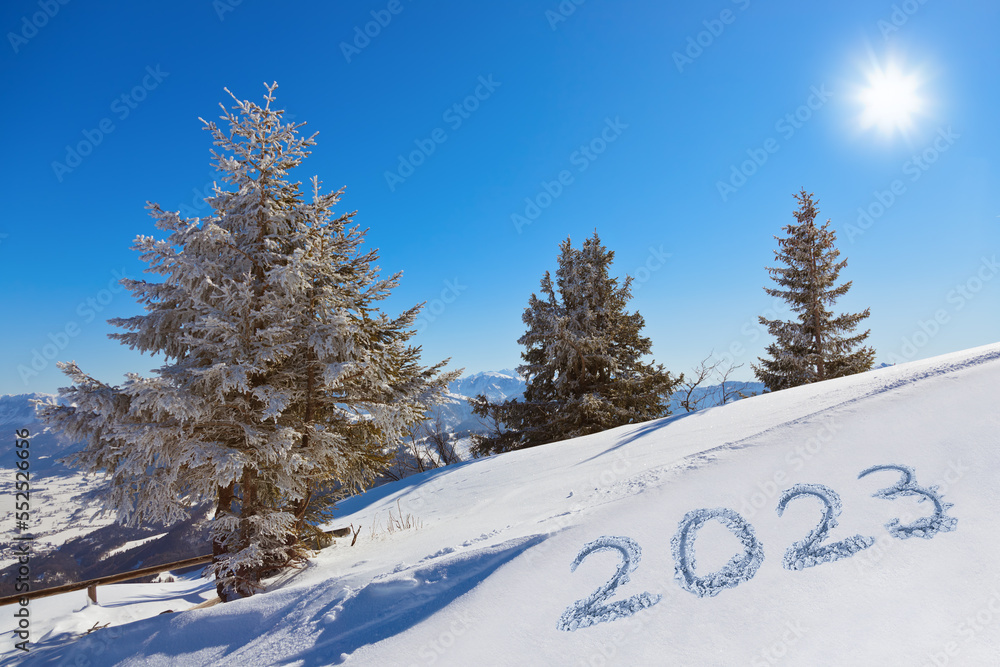 2023 on snow at mountains - St. Gilgen Austria - obrazy, fototapety, plakaty 