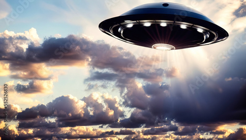 closeup of alien spaceship round shaped ufo flying through a cloudy sky with sun beams coming through it's center, generative AI