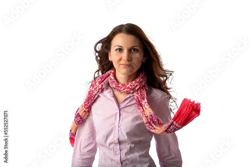 brown haired woman wiith scarf in white screen