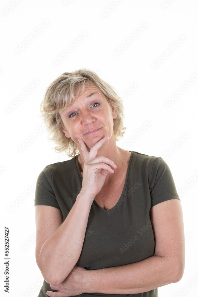pensive beautiful senior woman smiling hand finger over chin looking happy face cute smile posing in white background pensive beautiful senior woman smiling hand finger over chin looking happy face cute smile posing in white background