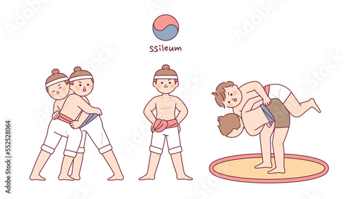Korean traditional sport. Cute characters are playing ssireum.