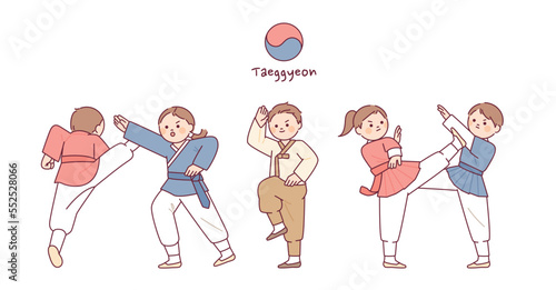 Korean traditional martial arts. Cute characters practicing Taekkyeon.