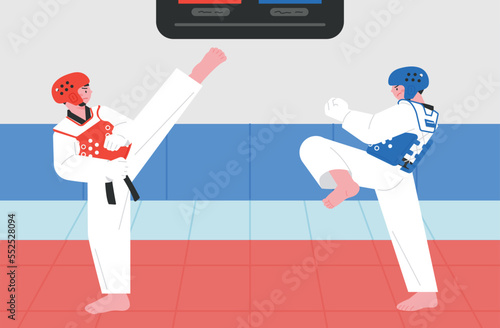 Korean traditional martial arts. Two athletes wearing protective gear and having a taekwondo match.