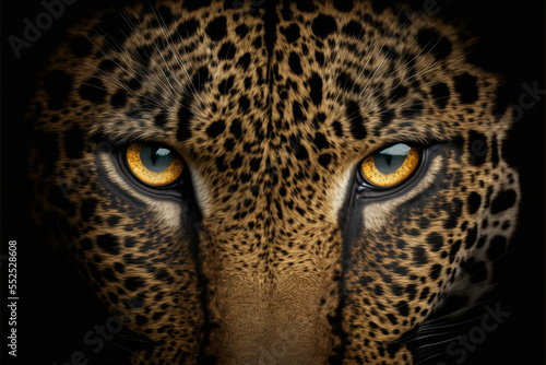 Valokuva Close up on a leopard eyes on black