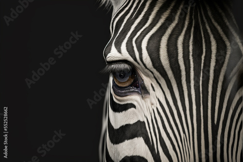 Close up on a zebra face on black