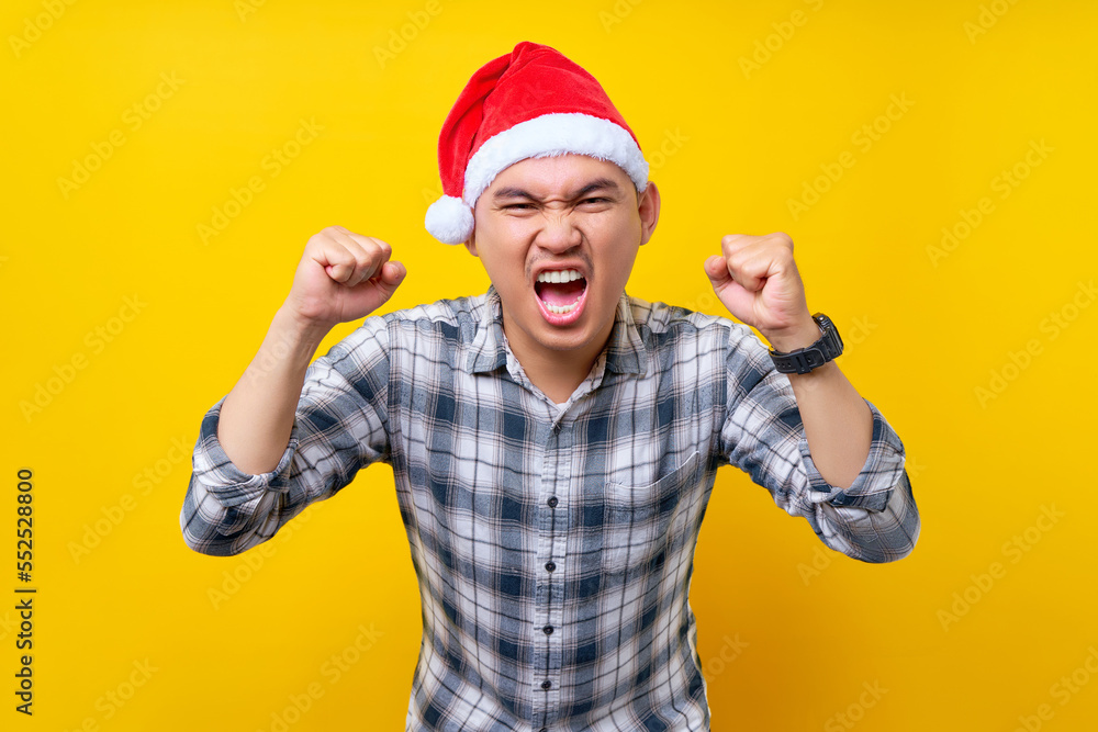 Smiling young Asian man wearing a plaid shirt in a Christmas hat posing doing winner gesture clenching fists on yellow background. celebration Christmas holiday and New Year concept Smiling young Asian man wearing a plaid shirt in a Christmas hat posing doing winner gesture clenching fists on yellow background. celebration Christmas holiday and New Year concept
