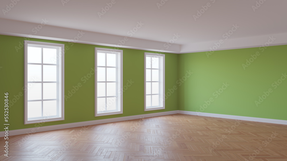 Obraz premium Beautiful Empty Interior with Green Walls, Three Large Windows, Glossy Herringbone Parquet Flooring and a White Plinth. Concept of the Unfurnished Room. 3D illustration, 8K Ultra HD, 7680x4320