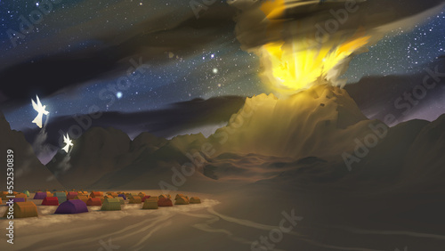 Depiction of the Israel camp at Sinai, Exodus Old Testament Bible story religious illustration 3d rendering, angels bringing manna