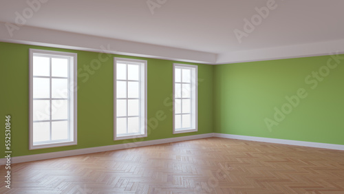 Beautiful Empty Interior with Green Walls  Three Large Windows  Glossy Herringbone Parquet Flooring and a White Plinth. Concept of the Unfurnished Room. 3D illustration  8K Ultra HD  7680x4320
