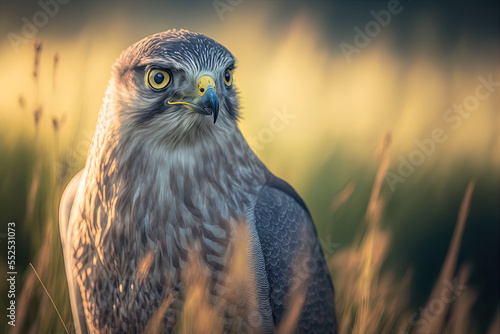 Capturing a goshawk up up and personal in a field with a hazy backdrop. Generative AI