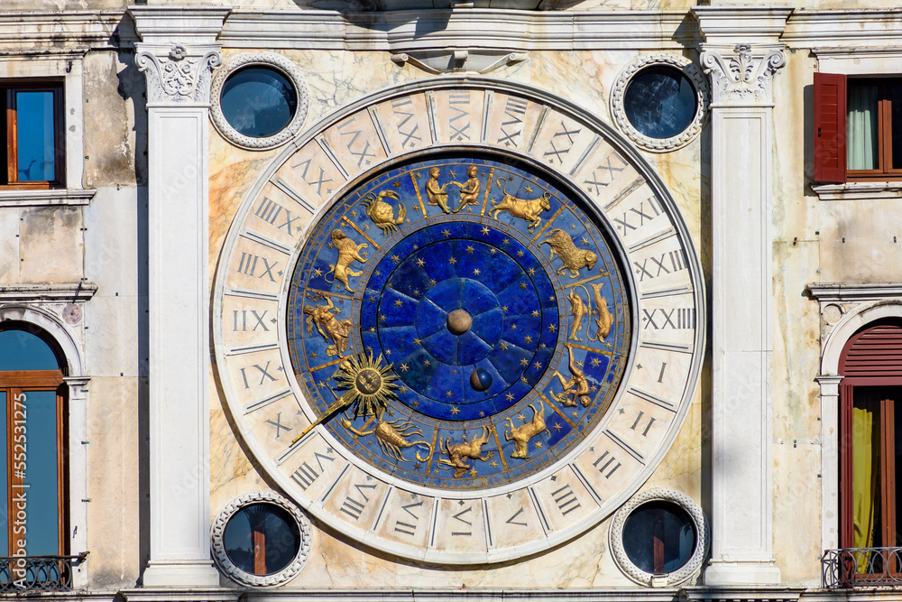 Ancient astronomical clock in center of Venice, Italy