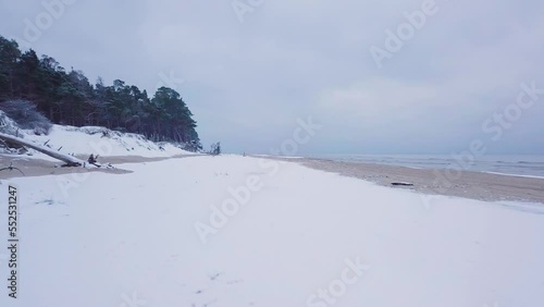 Wallpaper Mural Beautiful aerial view of Baltic sea coast on a overcast winter day, beach with white sand covered by snow, coastal erosion, climate changes, wide angle drone shot moving backward low Torontodigital.ca