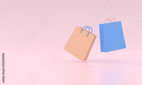 3D Paper bags for Online shopping concept. 3d render paper bag on sale shopping concept idea minimal pastel