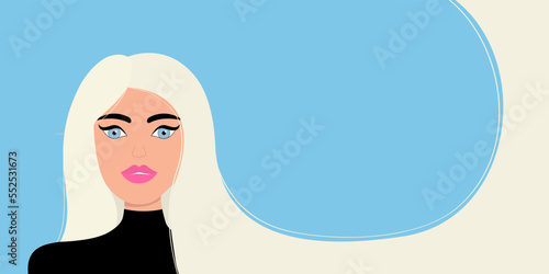 Beautiful lady, female. Portrait of woman. White long hair. Blonde hairstyle. Young girl face. Avatar for social networks. Pink lipstick makeup. Line banner. Flat design. White background.