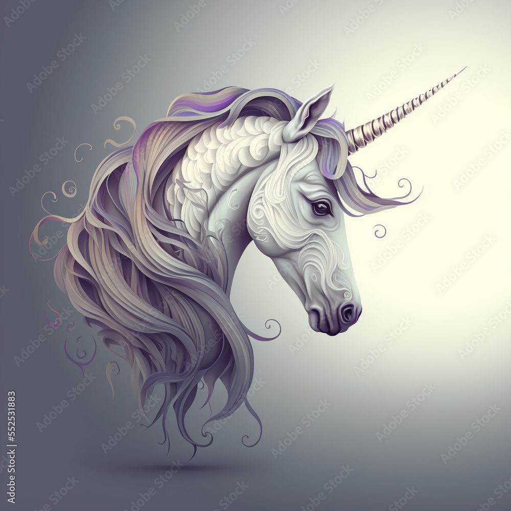 White unicorn head with purple hair and pattern on the skin. Vector illustration. Artwork. Generative AI White unicorn head with purple hair and pattern on the skin. Vector illustration. Artwork. Generative AI
