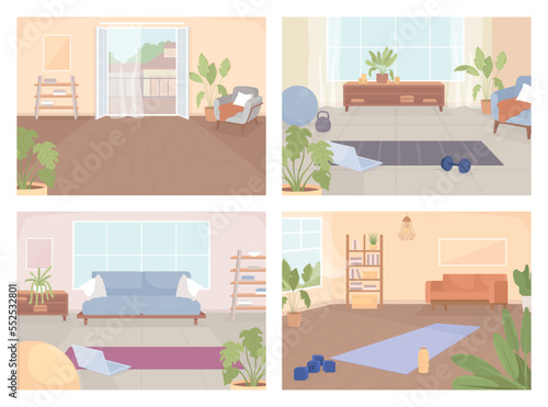 Inventory and place for home exercising flat color vector illustrations set. Active lifestyle and training. Fully editable 2D simple cartoon interiors pack with living rooms on background