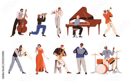 Musicians of jazz band playing music instruments, singing. Artists, singers, players performing on saxophone, trumpet, drum, piano, contrabass. Flat vector illustrations isolated on white background