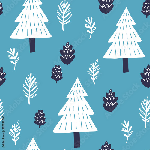 Vector seamless pattern on blue background. Fir trees in simple doodle style. Ideal for Christmas holidays cards, posters, banners and other graphic and web design