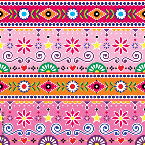 Pakistani and Indian seamless vector pattern, jingle truck art design, pink and orange cute ornament with flowers and abstract shapes
 