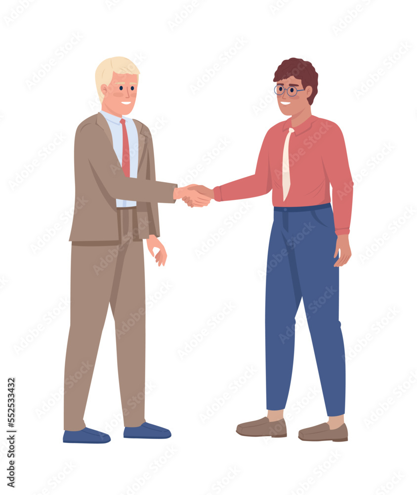 Manager and employee shaking hands semi flat color vector characters. Editable figures. Full body people on white. Coworkers simple cartoon style illustration for web graphic design and animation