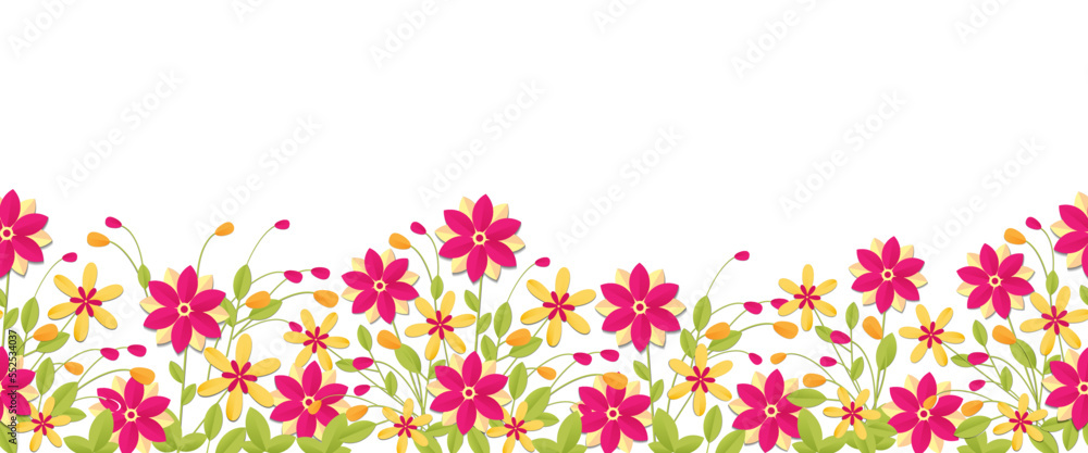 Seamless border with flowers in paper cut style.