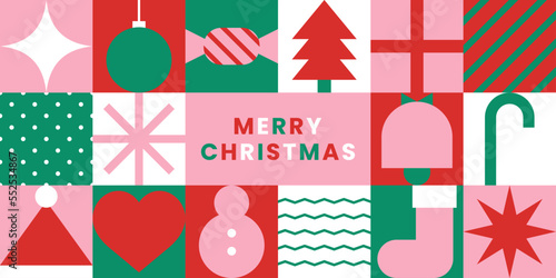 Christmas icons elements with geometric seamless pattern for wrapping paper, background, wallpaper. Holiday season, Trendy, contemporary abstract design. Modern style. Flat vector illustration.