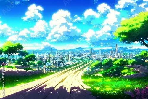 Beautiful anime scenes, manga illustration, green field, cloudy sky