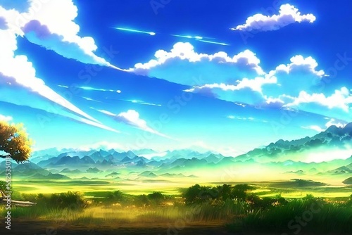 Beautiful anime scenes, manga illustration, green field, cloudy sky © Nora