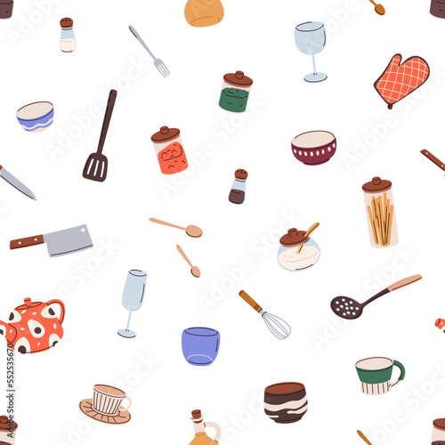 Kitchenware pattern.Seamless background, kitchen utensils, ware and cutlery. Cook tools, cookware, stuff, repeating print. Endless texture design for fabric. Colored flat graphic vector illustration