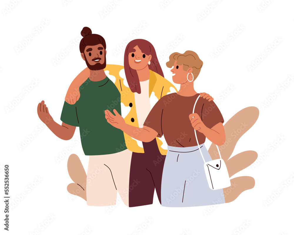 Happy friends, man and women walking, talking, hugging. People going ...