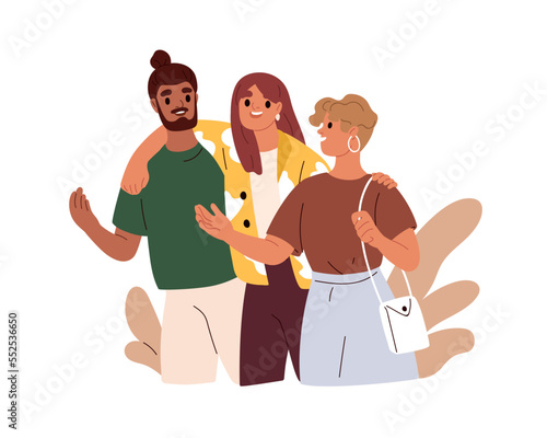 Happy friends, man and women walking, talking, hugging. People going and speaking together. Smiling male and female characters chatting. Flat vector illustration isolated on white background