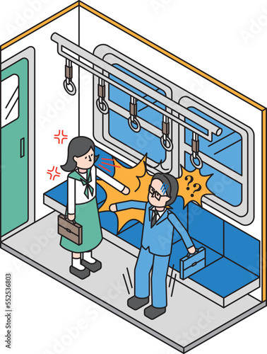 電車内での痴漢を疑われる通勤中の会社員の男性のアイソメイラスト