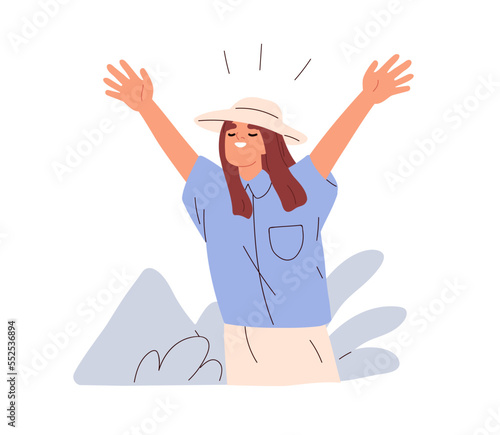 Happy girl tourist enjoying summer holiday. Young woman in hat excited about adventure, relaxing in nature on vacation, gesturing with arm up. Flat vector illustration isolated on white background