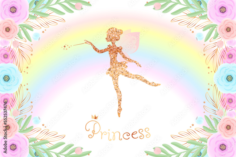 Golden fairy princess baby shower backdrop. Birthday party background