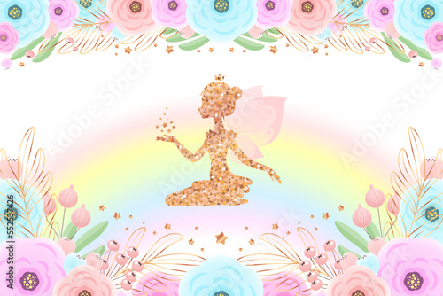 Golden fairy princess baby shower backdrop. Birthday party background with a little pixie silhouette and a beautiful floral frame. Vector illustration 10 EPS.