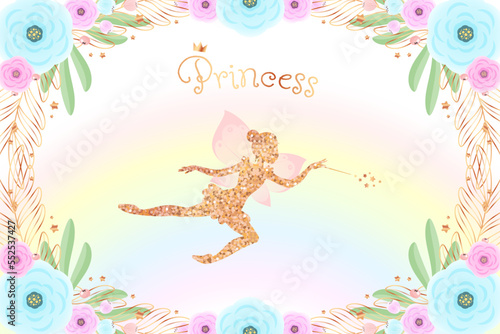 Golden fairy princess baby shower backdrop. Birthday party background with a little pixie silhouette and a beautiful floral frame. Vector illustration 10 EPS.