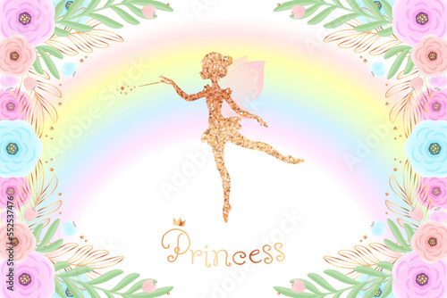 Golden fairy princess baby shower backdrop. Birthday party background with a little pixie silhouette and a beautiful floral frame. Vector illustration 10 EPS.