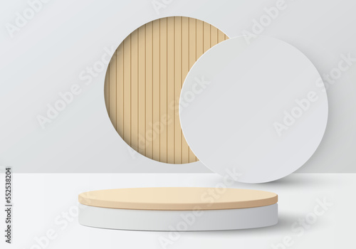 Paper cut of minimal scene with wood cylinder podium on grey background. Product presentation, mock up, show cosmetic. Vector illustration