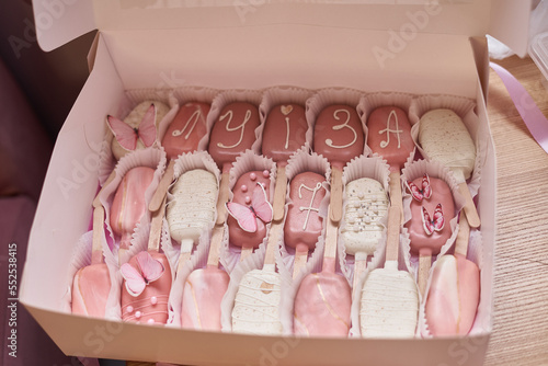Pink sweets in a birthday box