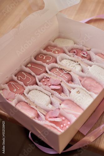 Pink sweets in a birthday box