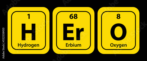 Hero - Hydrogen, Erbium and Oxygen. Funny phrase with the periodic table of the chemical elements, vector illustration.